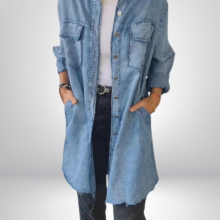 Sofia® | Veste en jean longue, élégante et polyvalente avec col