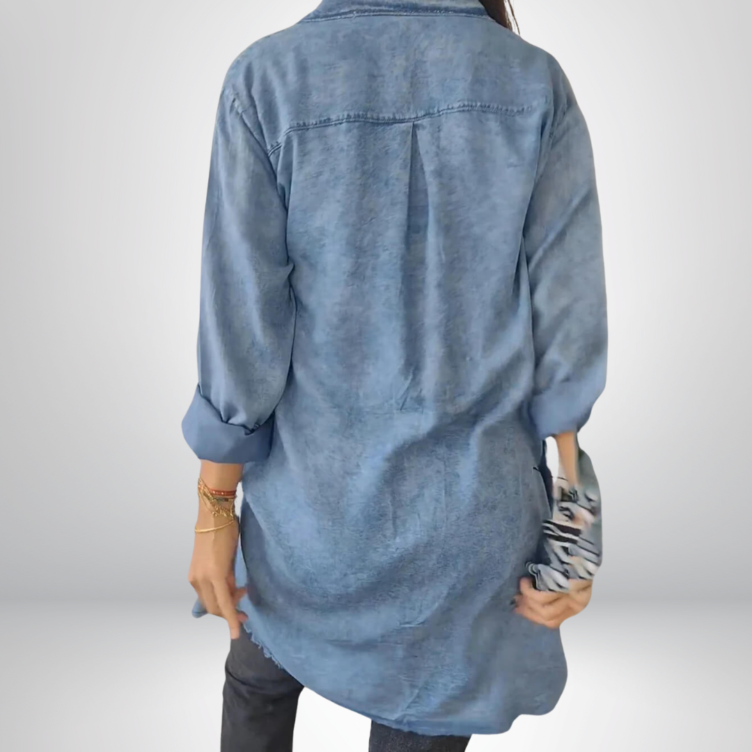 Sofia® | Veste en jean longue, élégante et polyvalente avec col