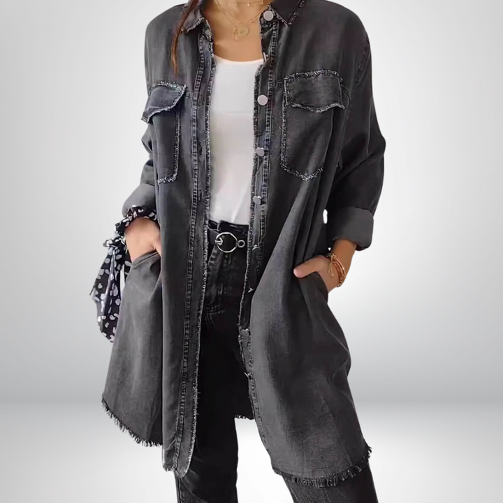 Sofia® | Veste en jean longue, élégante et polyvalente avec col