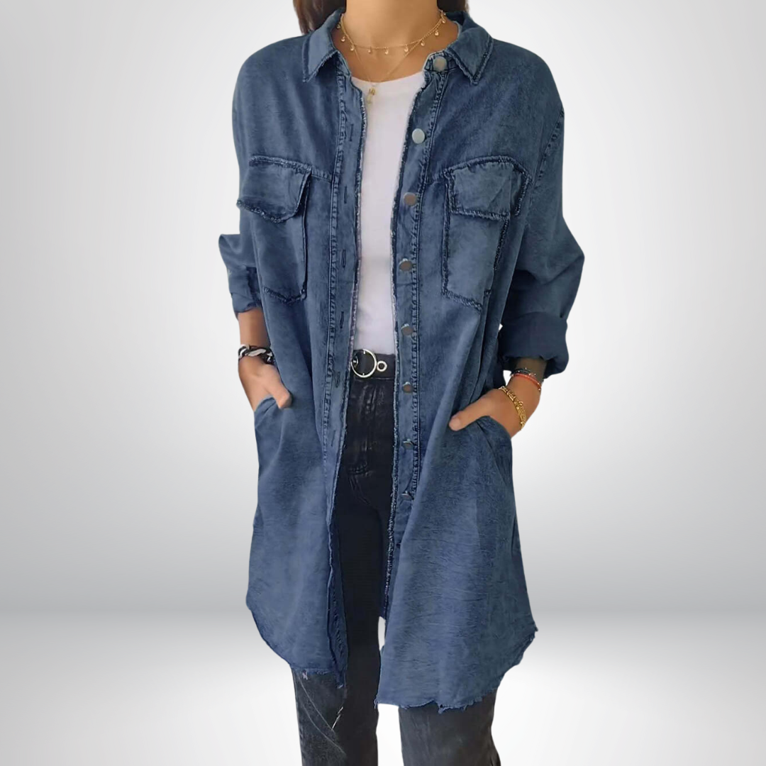 Sofia® | Veste en jean longue, élégante et polyvalente avec col