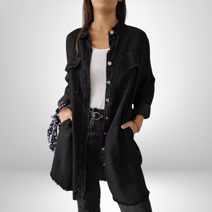 Sofia® | Veste en jean longue, élégante et polyvalente avec col