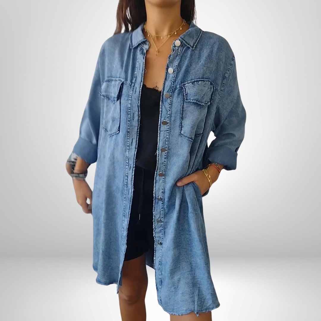Sofia® | Veste en jean longue, élégante et polyvalente avec col
