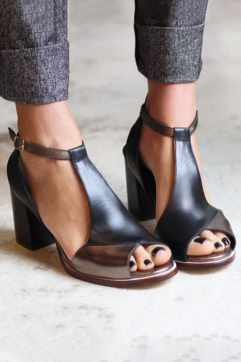 Nadaria | Sandales à talon à patchwork noir avec bout ouvert