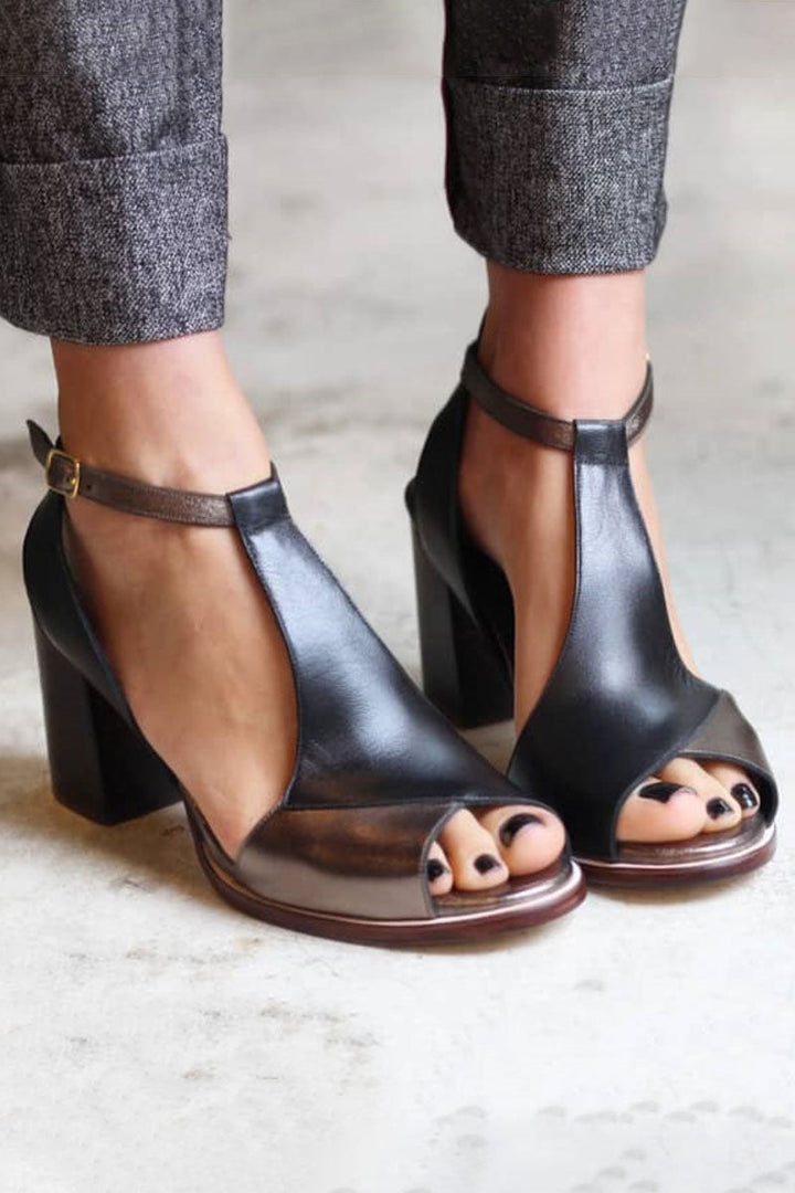 Nadaria | Sandales à talon à patchwork noir avec bout ouvert