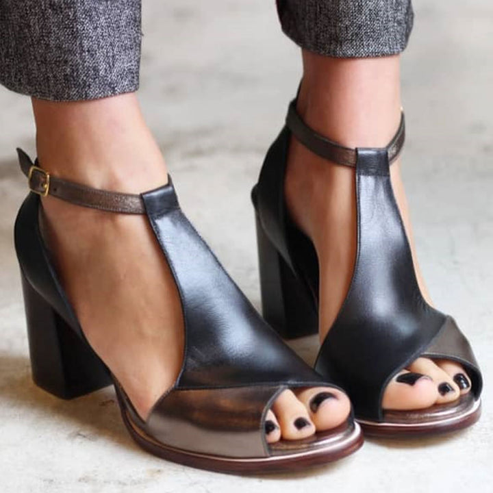 Nadaria | Sandales à talon à patchwork noir avec bout ouvert